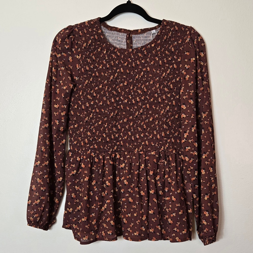 Petallush Brown‎ Floral Smocked Peplum Blouse Long Sleeve NWT Size Large